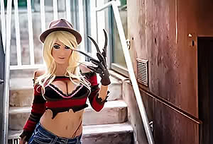 Jessica Nigri poses and demonstrates her beautiful breasts